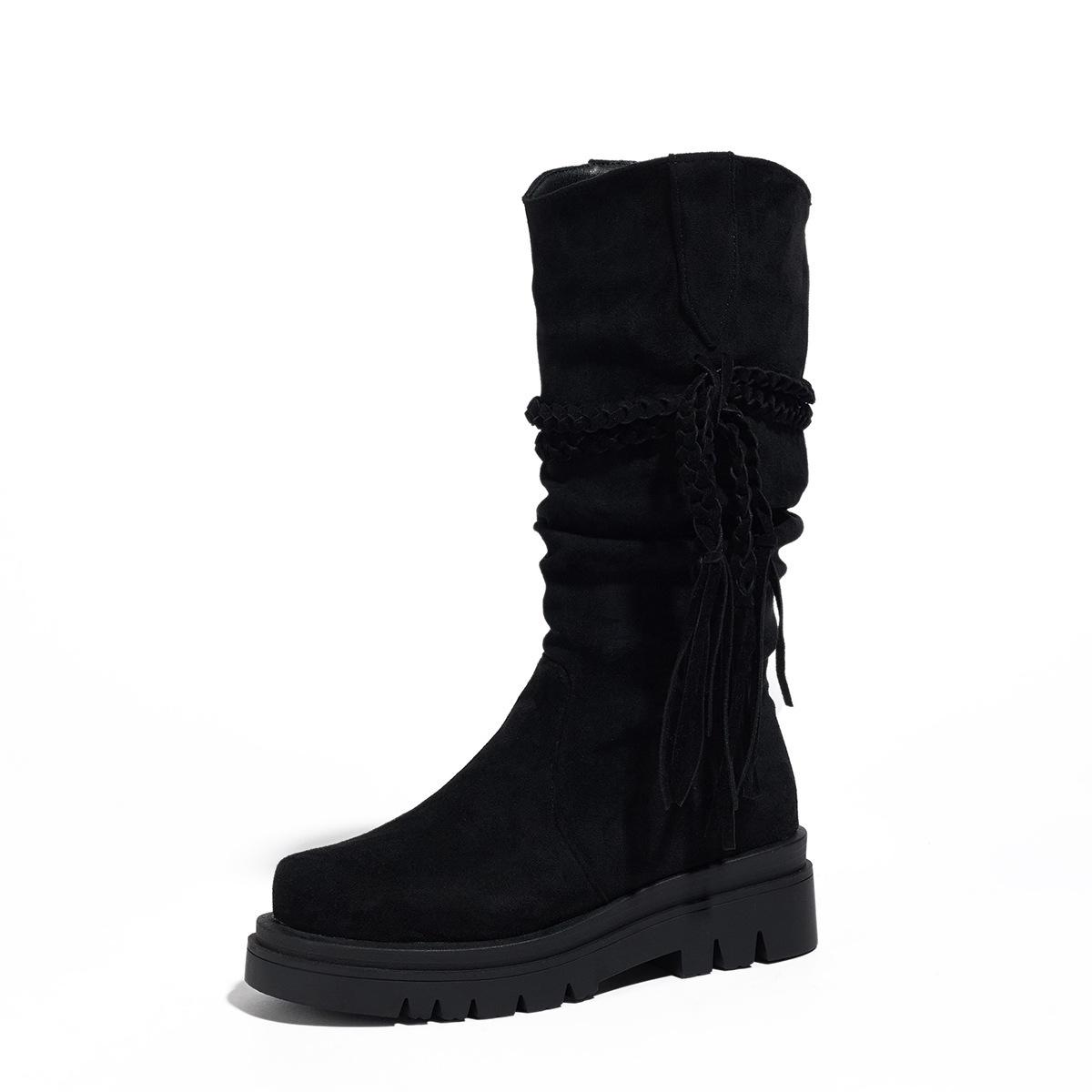 

Autumn and winter casual medium heel large size versatile suede fringed medium boots 39 чёрный