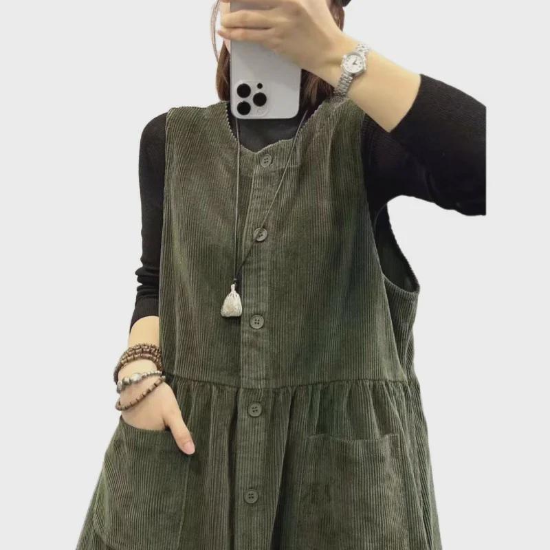 Vestido de pana estilo chaleco retro otoño/invierno 2024: falda holgada, antiedad y versátil para mujer