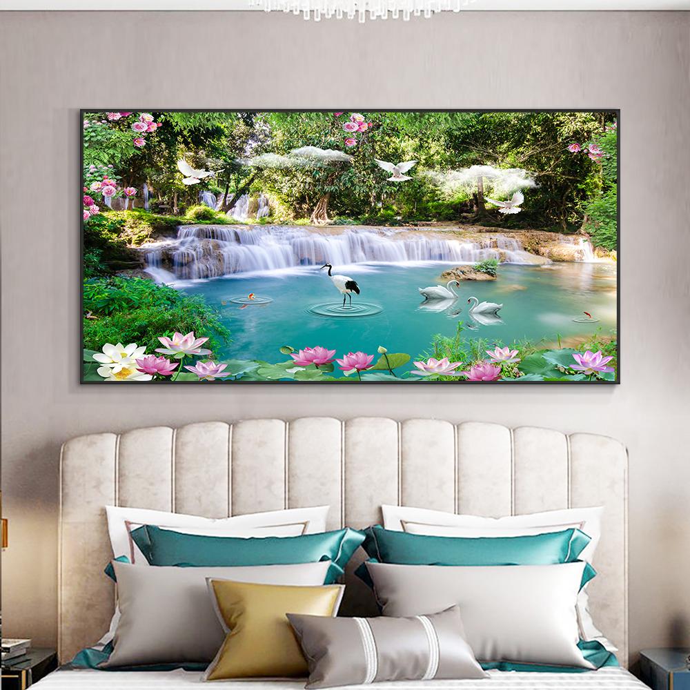Abstrakt Swan Waterfall Lotus Canvas Målning Modern nordiskt landskap Väggkonstaffischer och tryck för heminredning i vardagsrummet