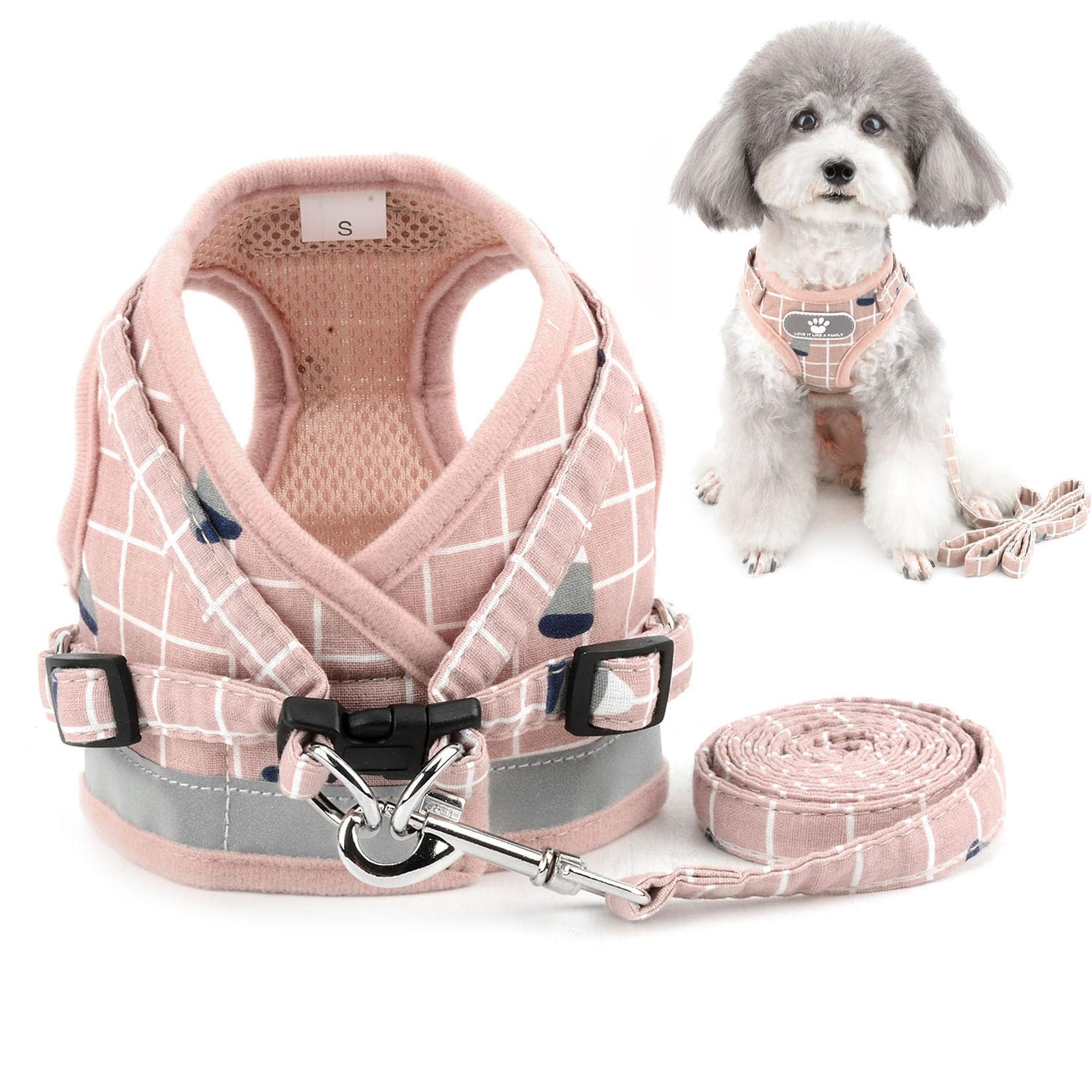 

Zunea Dog Harness and Leash Set for Walks with Small Dogs and Stylish and Cute Adjustable Harness with Checkered Pattern and Reflective Chest Summer рожевий