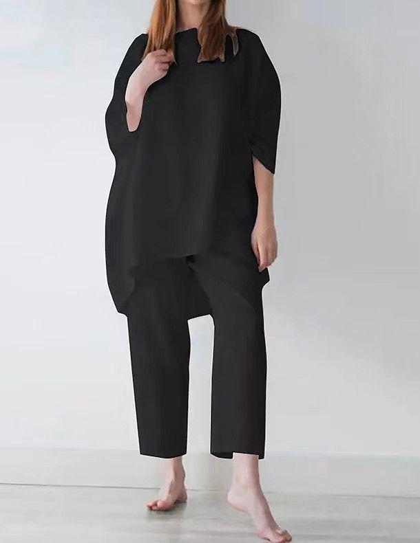 Evropský a americký dámský volný ležérní sportovní set nadměrné velikosti s nepravidelným dlouhým rukávem a jednobarevným designem