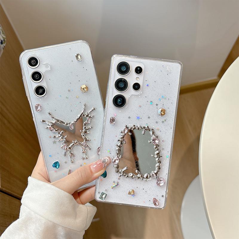 Transparent Glitter Star Glitter Phone Case for Samsung S25ultra Mirror Rhinestone S23plus Gemstone S24