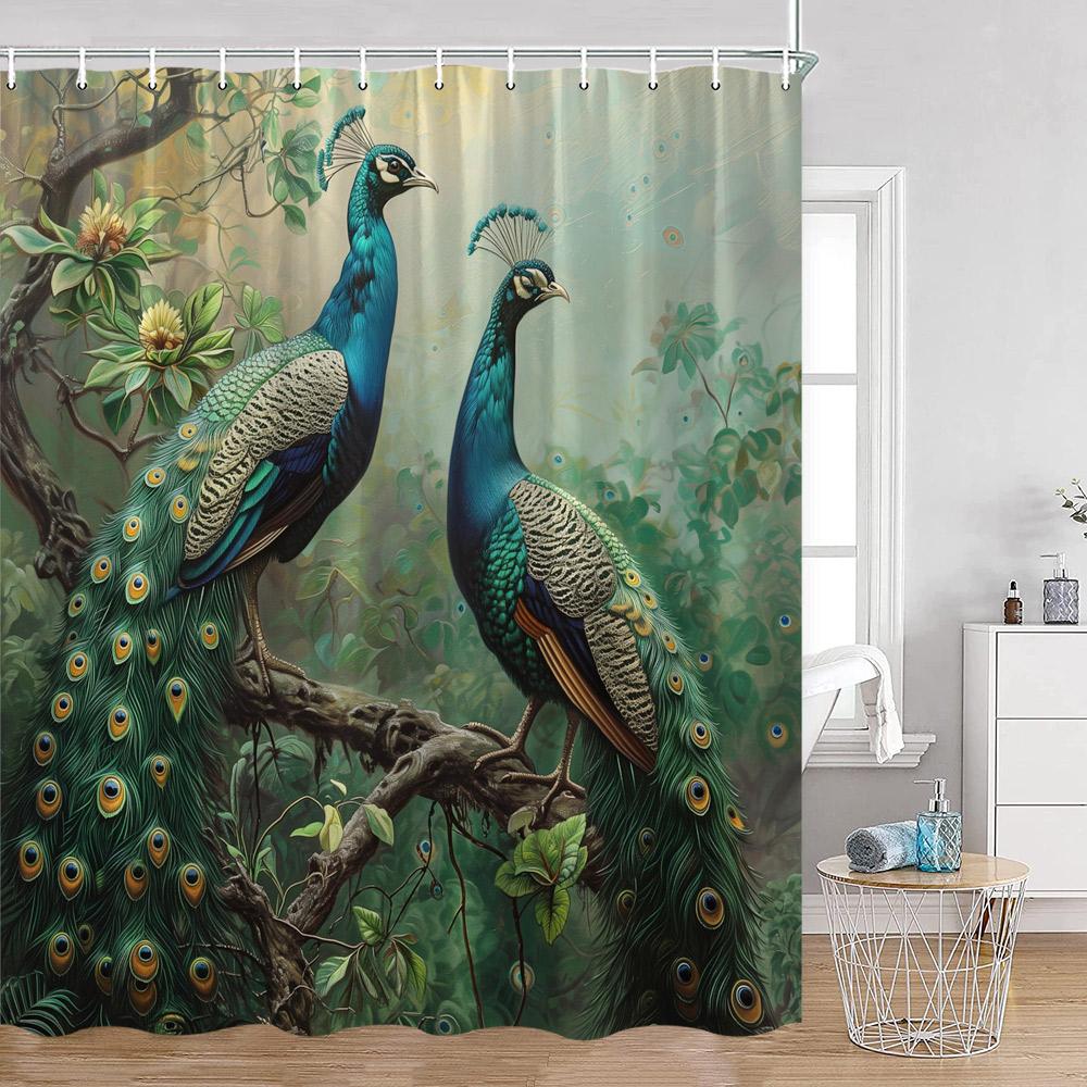 Peacock Shower Curtain Modern Oil Paniting Animals Flowers Plants Floral Bathroom Decor Elegant Fabric Bath Curtains with Hooks