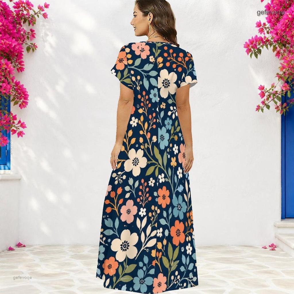 Women Plus Size V Neck Short Sleeve Floral Printed Navy Blue Straight Long Dress