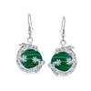 Asian Dragon Earrings for Women and Teenagers Encased In a Large Dangling Orb of Trendy Dark Green Malachite Gemstone Round "Chinese Ball"