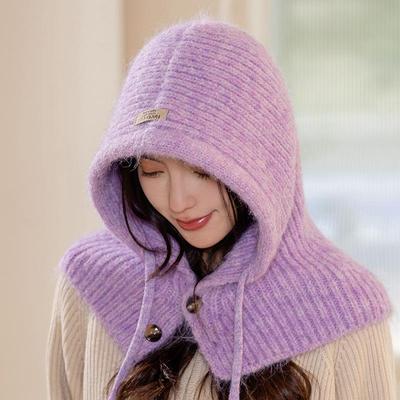 Wintermütze für Damen und Herren, gestrickte Kapuzenmütze, warme Outdoor-Mütze mit Kordelzug, warmer einteiliger Schal, winddichte Motorhaube
