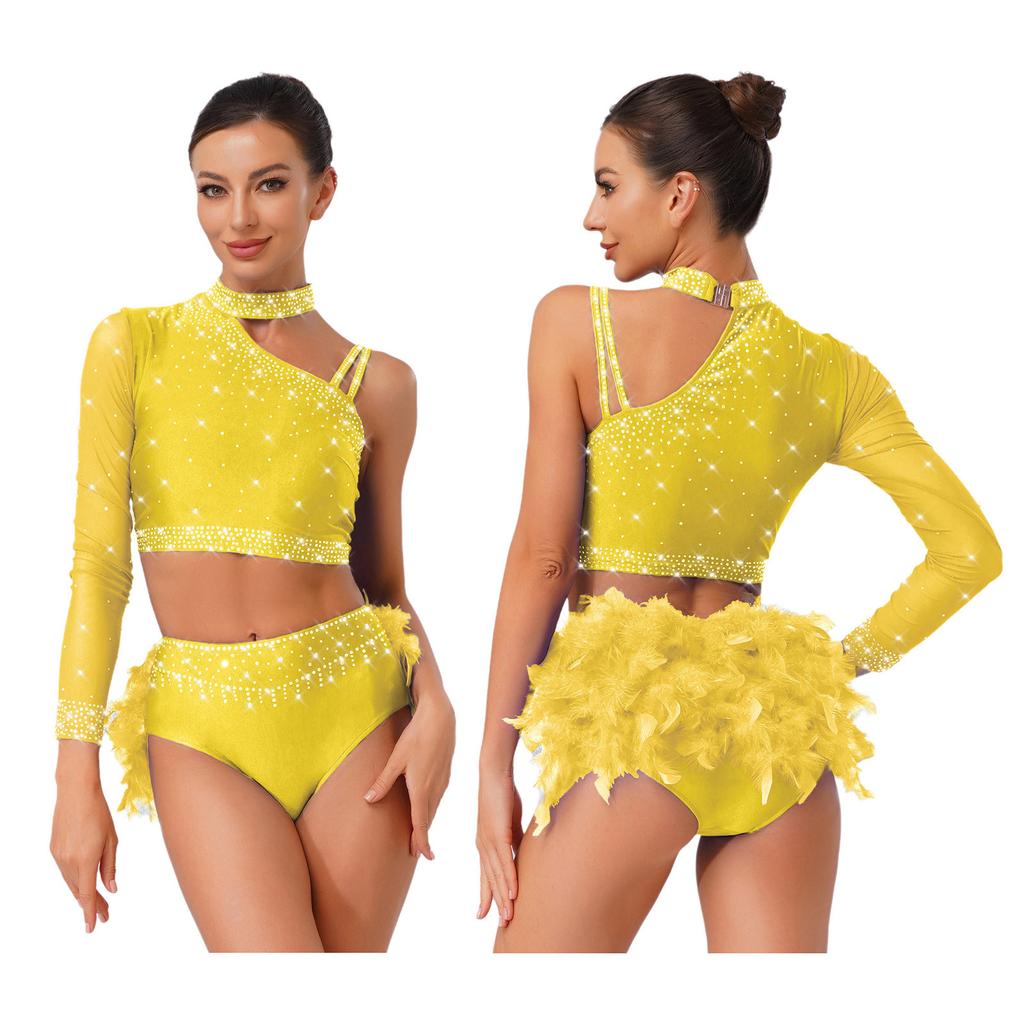 2-Piece Latin Dancewear Set for Womens - Sparkly Rhinestone One Shoulder Crop Top and Feather Back Briefs for Chacha Tango Belly Dance