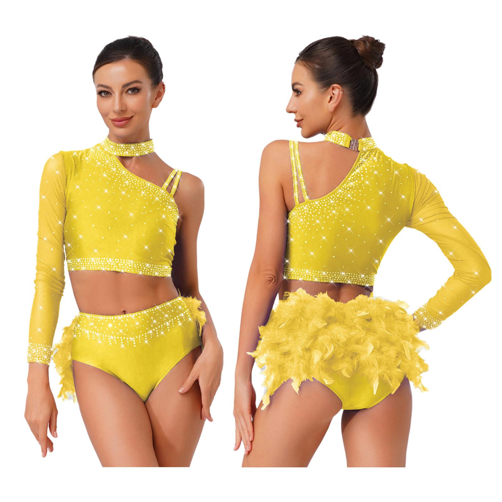 

Женские костюмы для латиноамериканских танцев с блестящими стразами, комплект из 2 предметов - кроп-топ с одним плечом и длинным рукавом и трусики с перьями сзади для танца живота, ча-ча, танго S