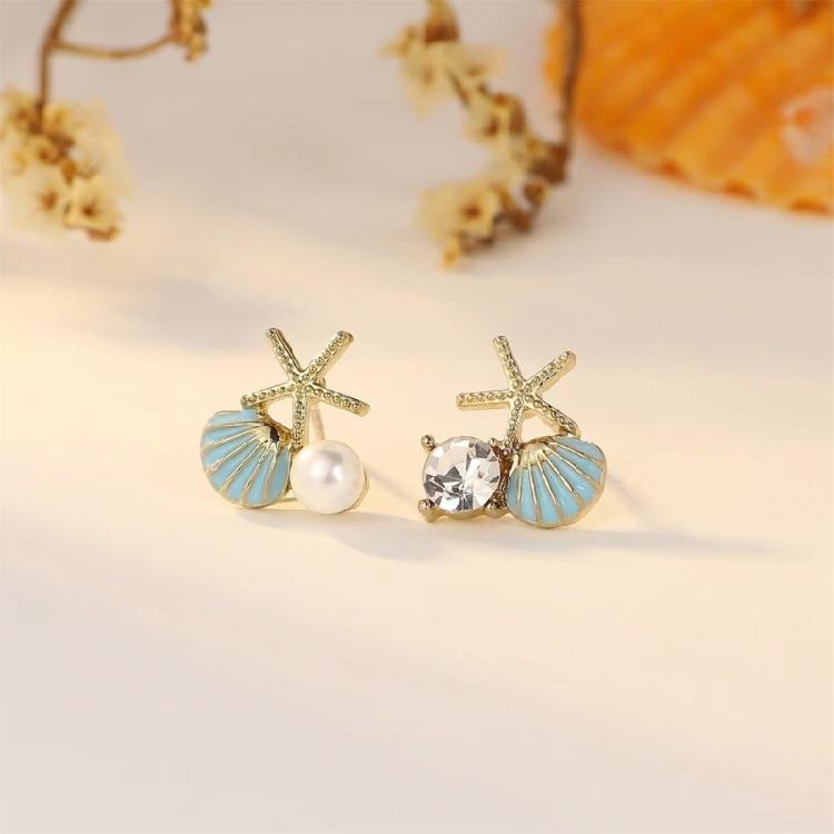 Chic Starfish Earrings Stud Featuring Zircon And Imitation Pearls Alloy Jewelry Gift Ocean Theme Ear Accessories