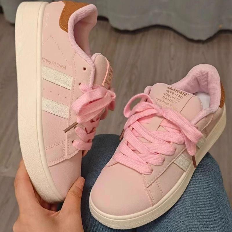 

Две полоски маленькие белые туфли новая весна дышащие повседневные универсальные спортивные туфли на плоской подошве с круглым носком туфли на платформе 35 розовый