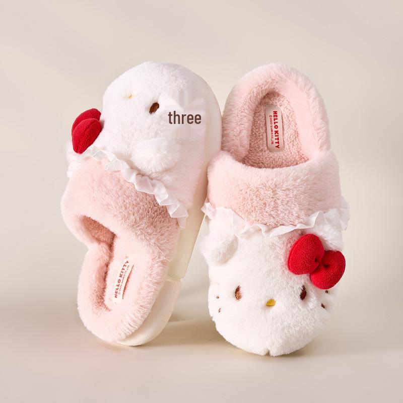 Genuine Sanrio Cartoon Furry Slippers - Women's Non-Slip Warm Winter Indoor Slippers with Plush Cotton and Velvet