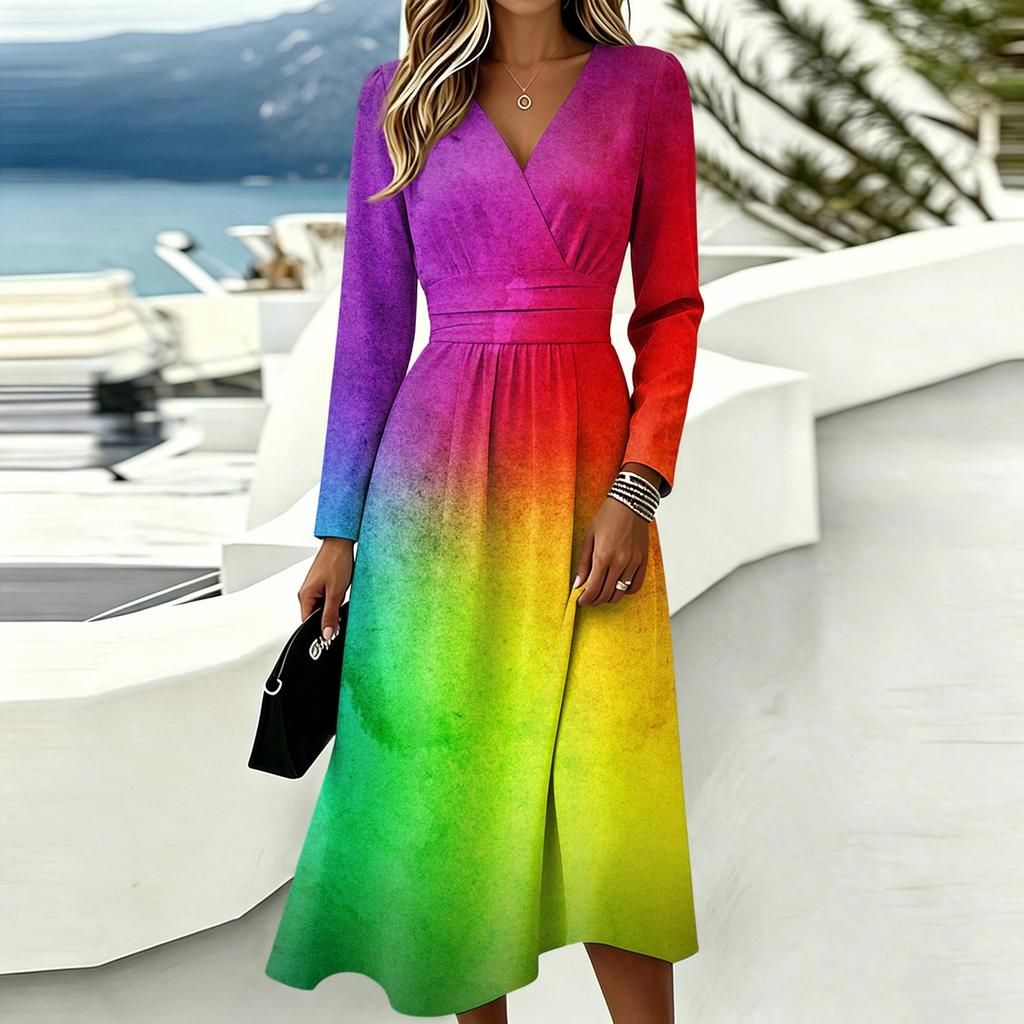 Damen V-Ausschnitt Langarm Print Kleid mit Taschen Lässig Tägliches Tragen