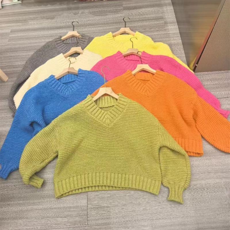 

Новая Мода Ретро Конфетный Цвет V-образный Вырез Свободный Длинный Рукав Толстая Вязка Спицами Свитер Вязаный Свитер Женский XL трава зеленый