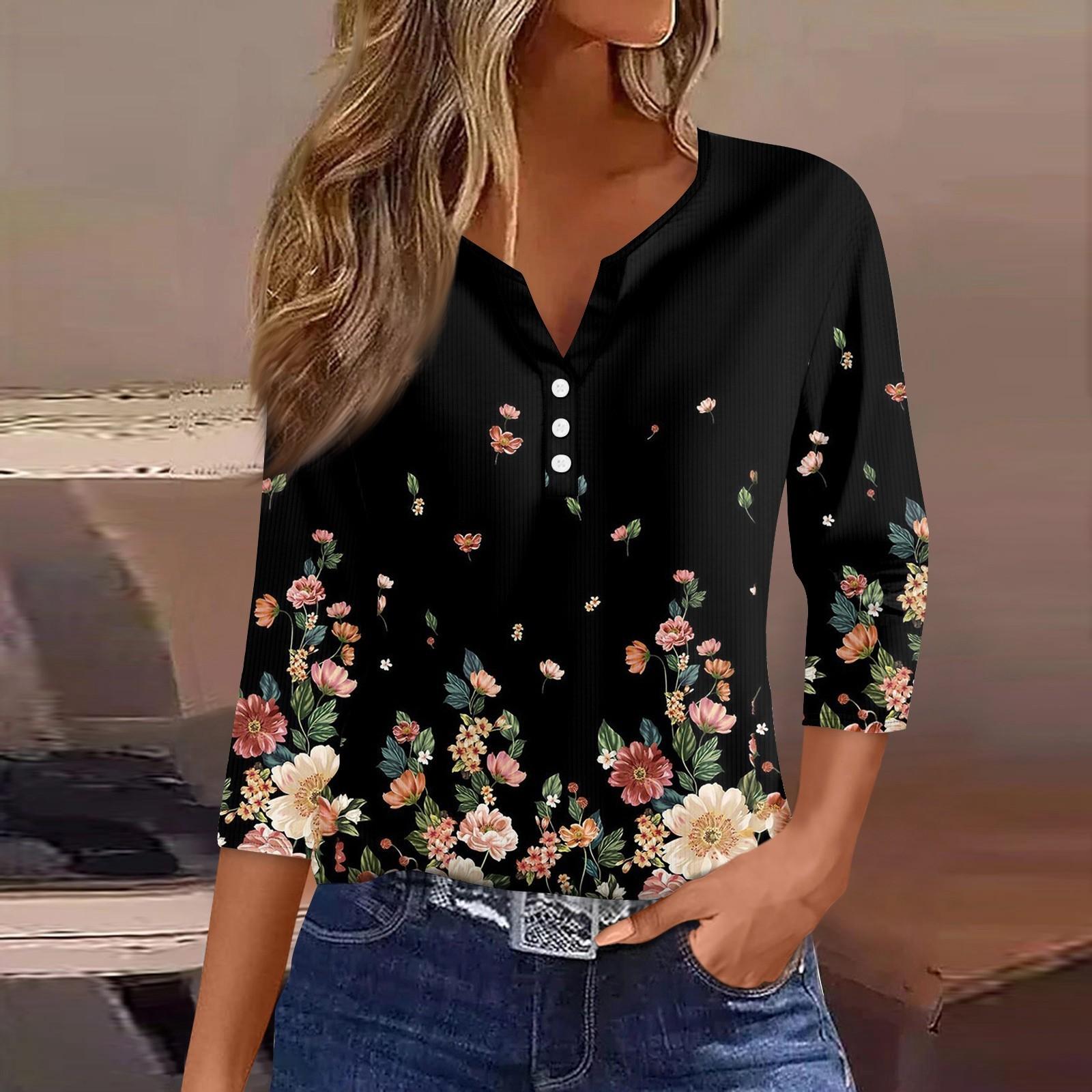 

Женская футболка с принтом на пуговицах, рукав 3/4, туника, повседневная мода на выходные, базовый топ с V-образным вырезом L