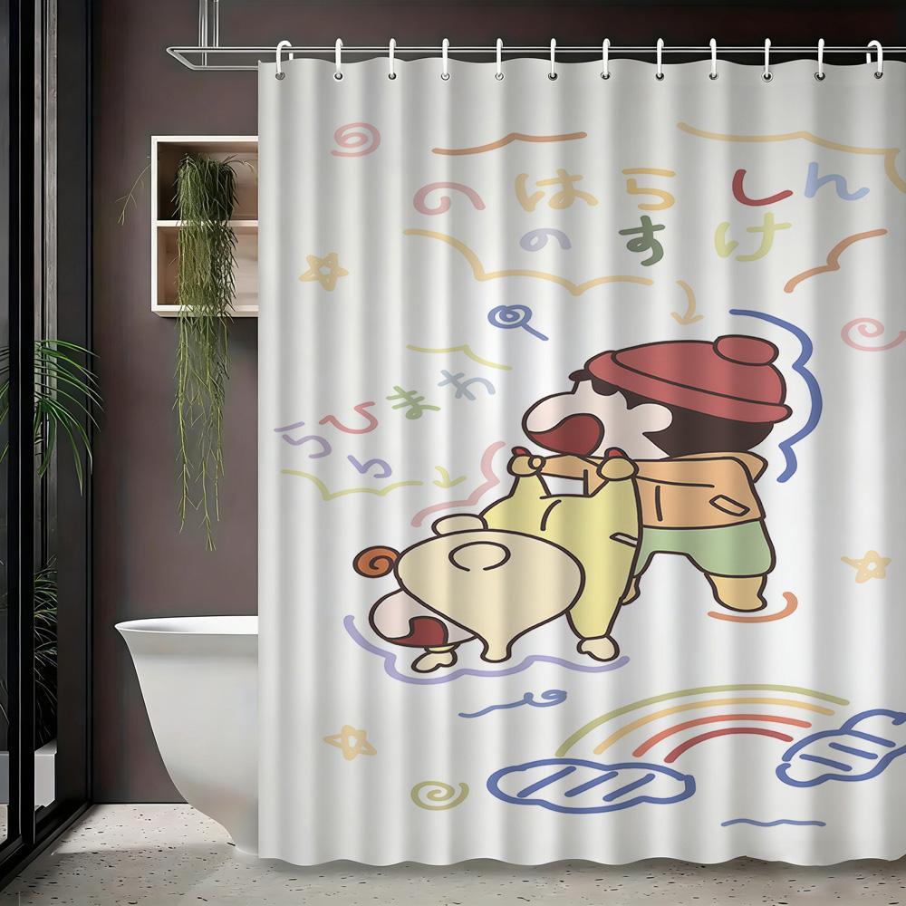 Crayon Shin-Chan Funny Character Scene 2D Print Waterproof Shower Curtain, Blue Bathroom Decor With Hooks