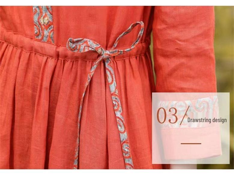 Retro Literary Cotton Linen Waist-Cinched Dress for Women - 2026 Spring/Autumn Mid-Length Long Sleeve Skirt