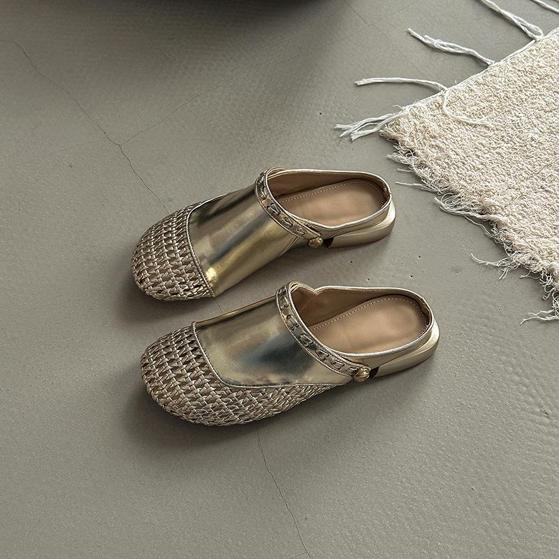 Fashion versatile hollow woven bag head half slippers women's summer retro two wear splicing wedge heel cool slippers Muller shoes