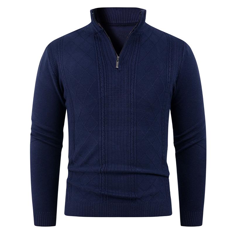 Men's Solid Color Long-sleeved Turtleneck Pullover Fashionable Semi-zipper Knit Top
