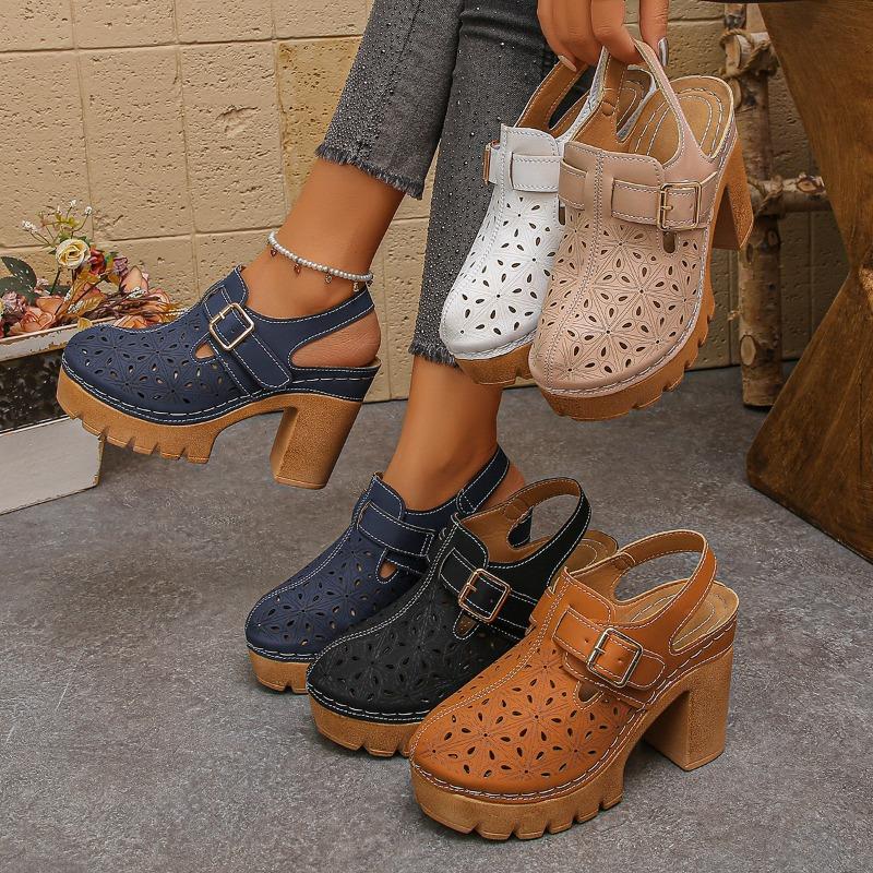 Damskie sandały peep-toe na szeroką stopę na klockowym obcasie - ażurowy design, letnie buty z zakrytym palcem, modne sandały na wysokim obcasie