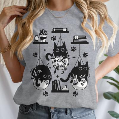 Damen T-Shirts Neu Damen Lässig Damenbekleidung Oberteile Schwarze Katze Bücher Aufdruck Damen T-Shirts T-Shirt Cartoon Grafik T-Shirt Kleidung
