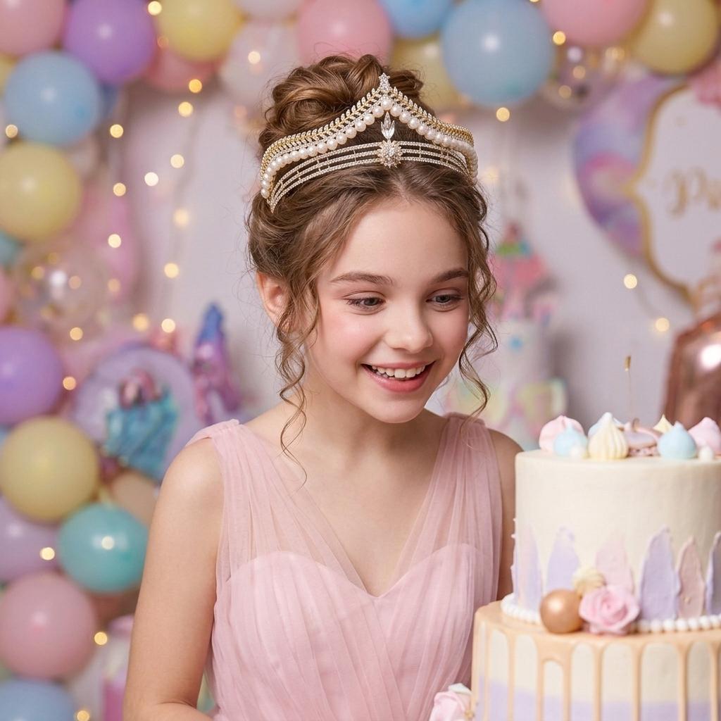 Children Pearl Crown Headband for Girls Birthday Performance Alloy Frame with Imitation Pearls and Silicone-Lining