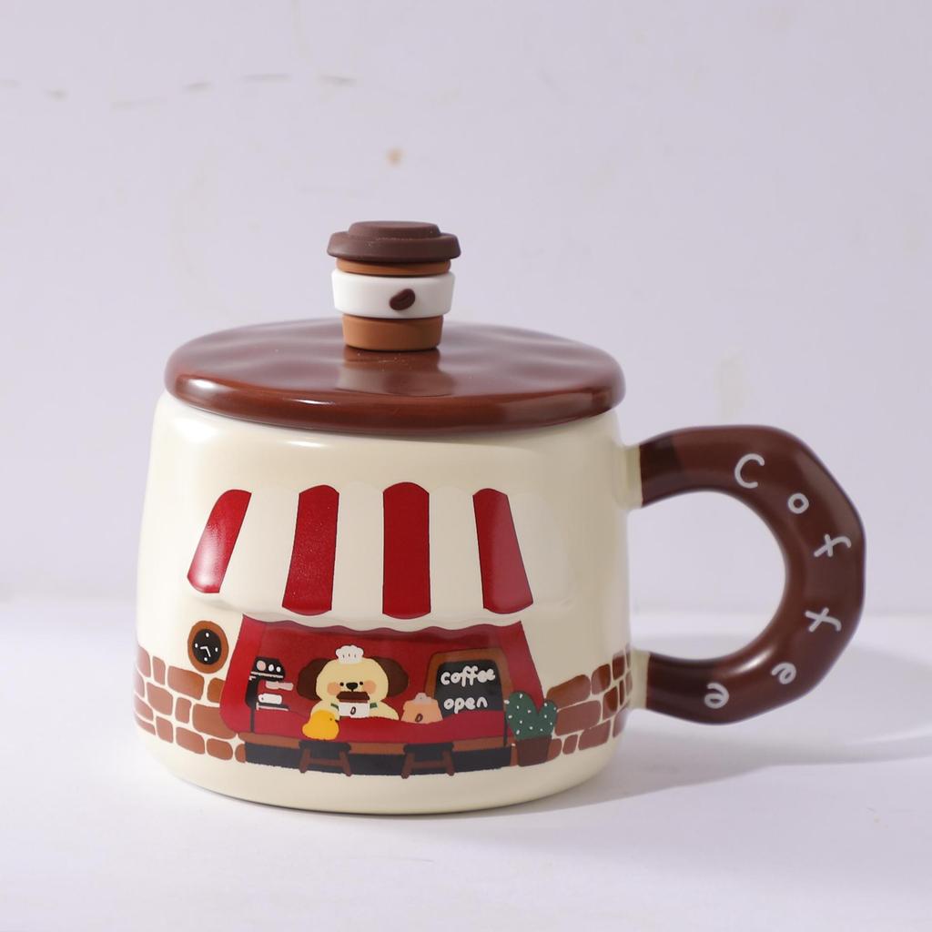 Creative Cartoon Ceramic Mug with Lid High Value Embossed Mug Student Gift Water Cup Home Cute Breakfast Cup