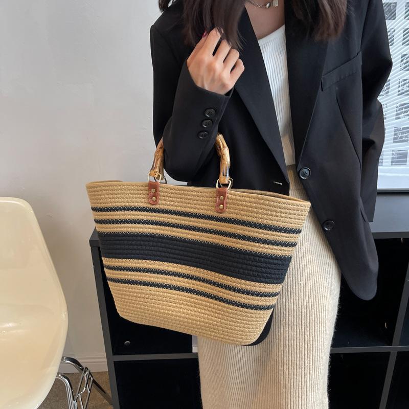 

Temperament popular woven women s bags new fashion tote bags splicing shoulder large capacity bamboo handbag Bamboo handle flattened 45*28