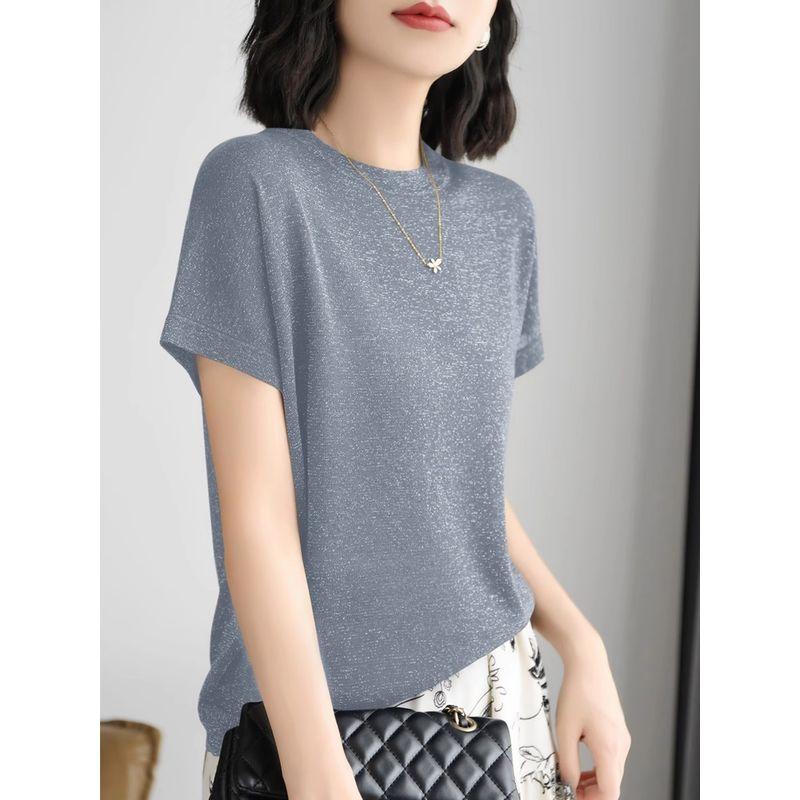 

New Loose round Neck Short sleeve T-shirt Summer Thin Lyocell Tencel Starry Sky Yarn Knit Ice Silk Top Women Silver Gray ~ star style 2XL