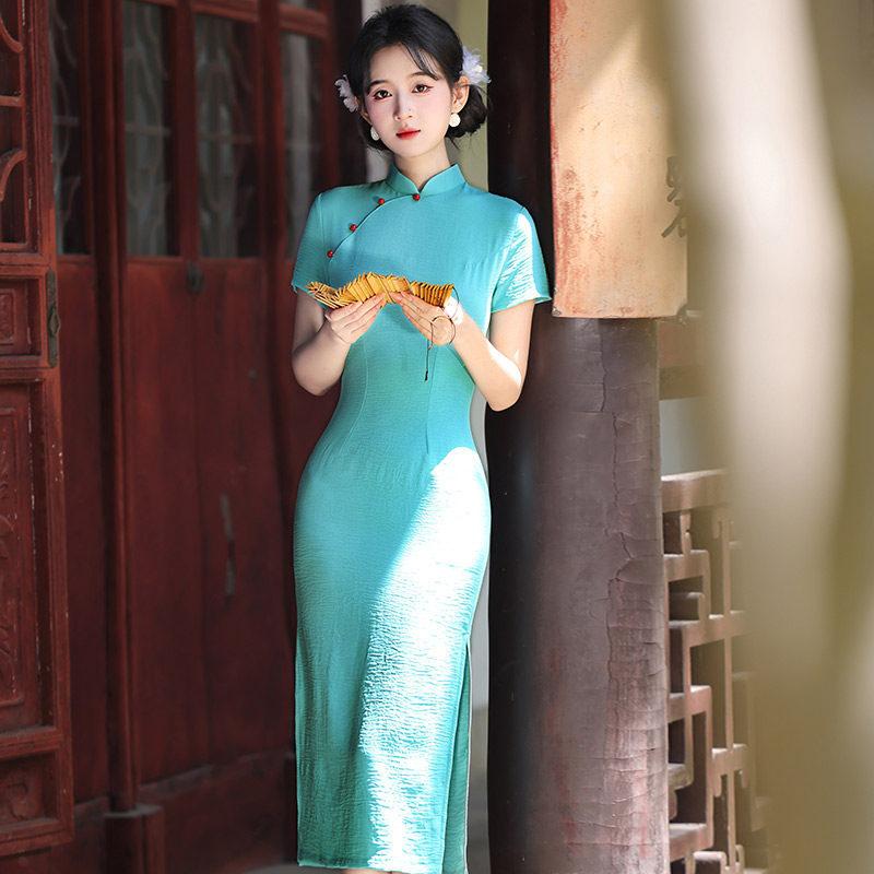 Aqua blue Republic of China style new Chinese Suzhou long cheongsam improved young women's high sense can be worn daily in summer