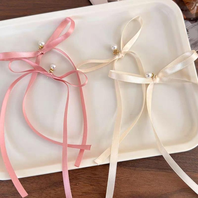 Elegant Imitation Pearl Earring Long Ribbon Bowknot Drop Earrings for Women Aesthetic Ear Studs Wedding Party Jewelry
