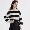 Black and white striped knitted sweater women's 1011 autumn new mohair hollow one-word collar loose lazy wind pullover sweater