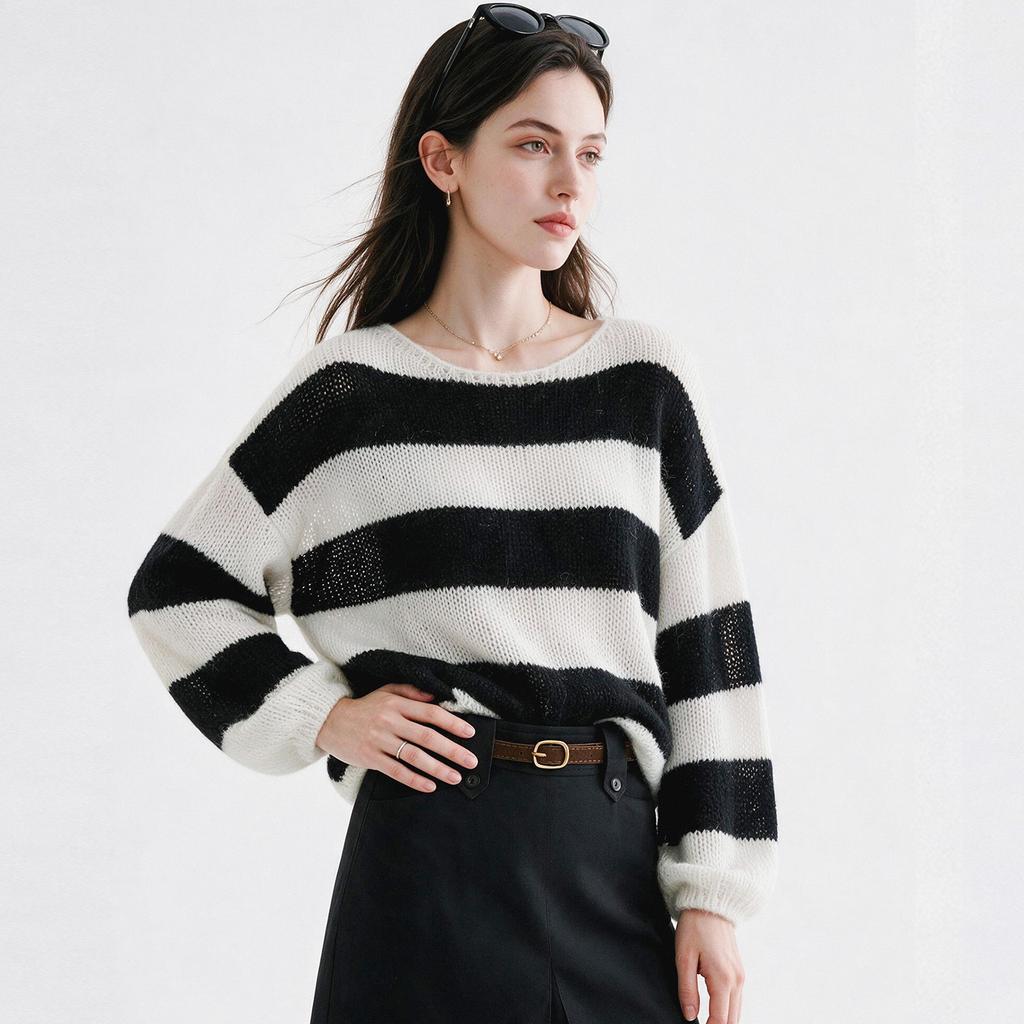 Black and white striped knitted sweater women's 1011 autumn new mohair hollow one-word collar loose lazy wind pullover sweater