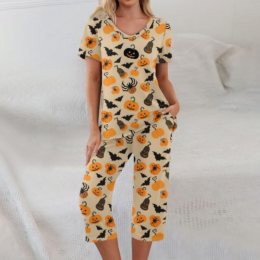 Conjuntos de 2 piezas para mujer Top de manga corta y pantalones con bolsillos Conjuntos suaves de entrenamiento con estampado de Halloween
