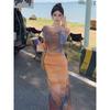 Sunset tiedye printed swinging collar dress, feminine temperament, slimfitting waist and thin holiday dress