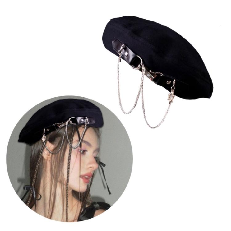 Beret with Metal Chain Painter Hat Cabbie Hat Grandpa Hat for Autumn Winter