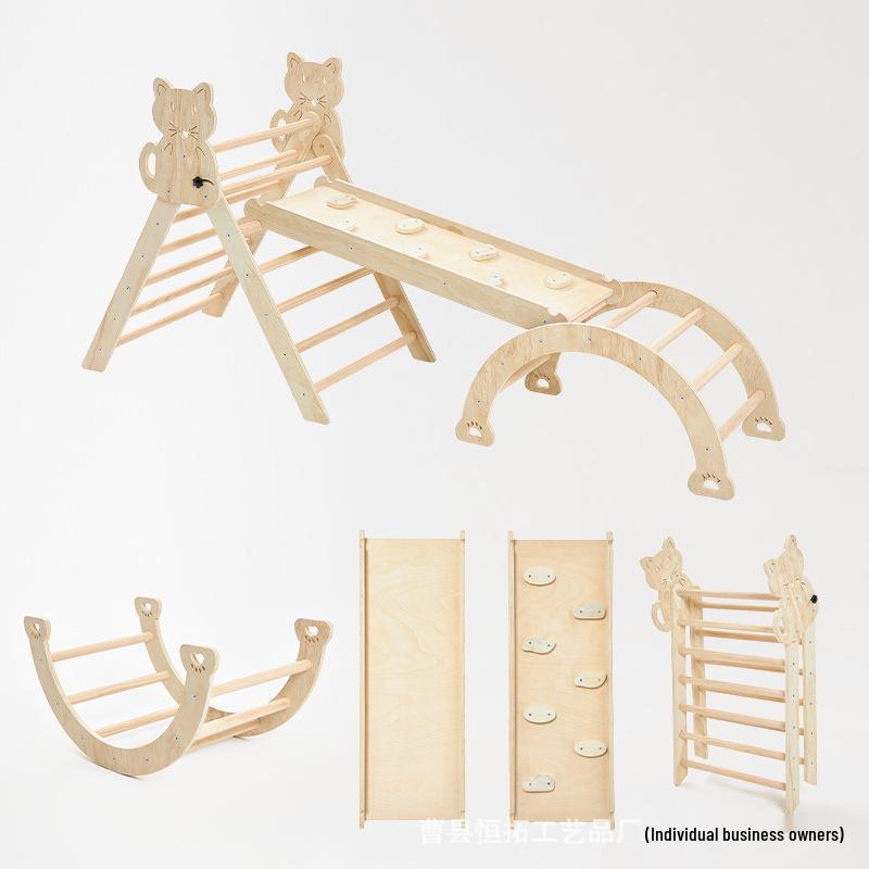 In-Stock 7-in-1 Wooden Kids  Climbing Frame with Folding Slide for Sensory Play