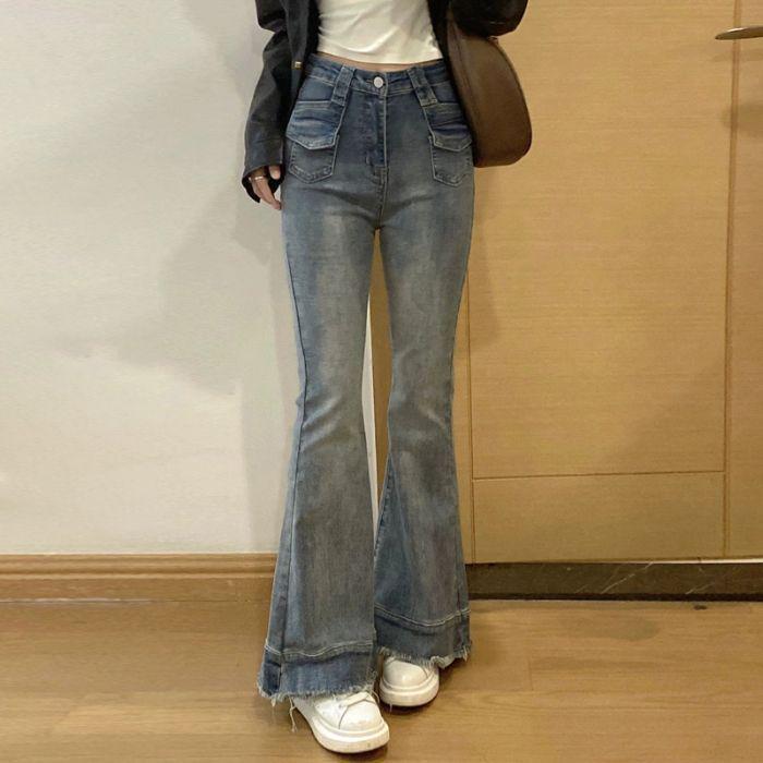 2025 Retro Blue High-Waisted Micro-Flare Jeans with Frayed Hem for a Street-Style Look! XL синий