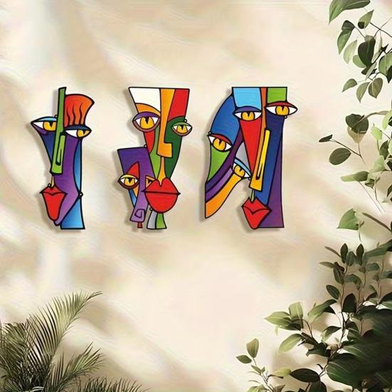 3 Pcs Abstract Face Wood Wall Art Minimalism Face Wall Sculpture Geometric Line Wall Hanging Sign for Living Room Bedroom Bathroom Porch Fence