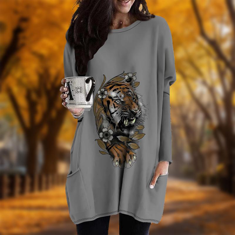 

Новинка осени с принтом головы тигра плюс размер платье для женщин с круглым вырезом и длинными рукавами повседневные платья с карманами 8XL оранжевый