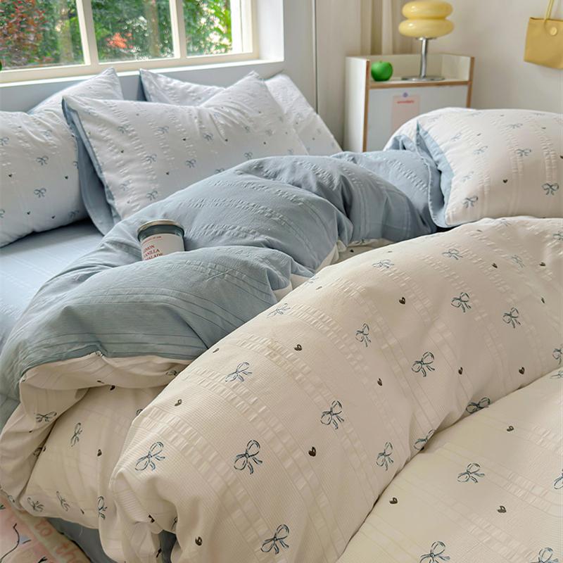 Floral Print French Style Bedding Set Bubble Cotton Duvet Cover Set Washed Cotton Flat Sheet Set Queen For Girl Decor Home