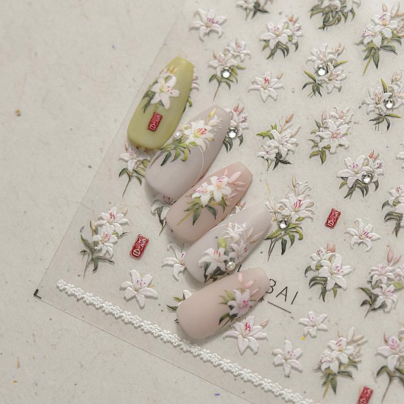 1 Sheet Pearl Lily Flower Nail Sticker Relief 3D Jelly Five Petal Flower Nail Art Decoration Decals Diy Self Adhesive Sliders