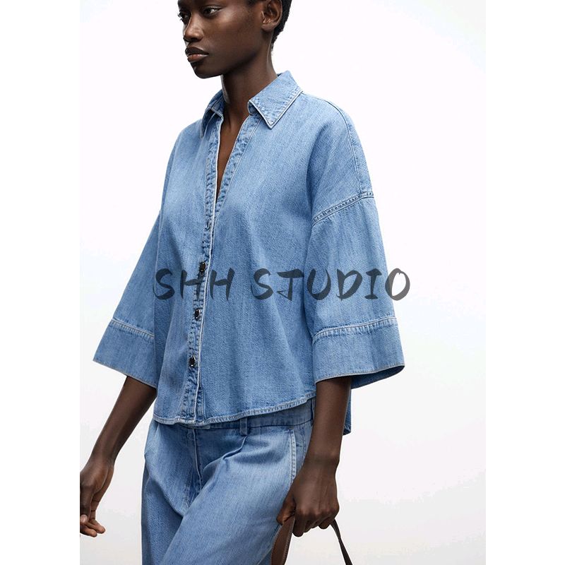Wide Sleeve Minimalist Casual Denim Shirt 1879025 High Waist Pleated Wide Leg Leisure Casual Denim 1879026