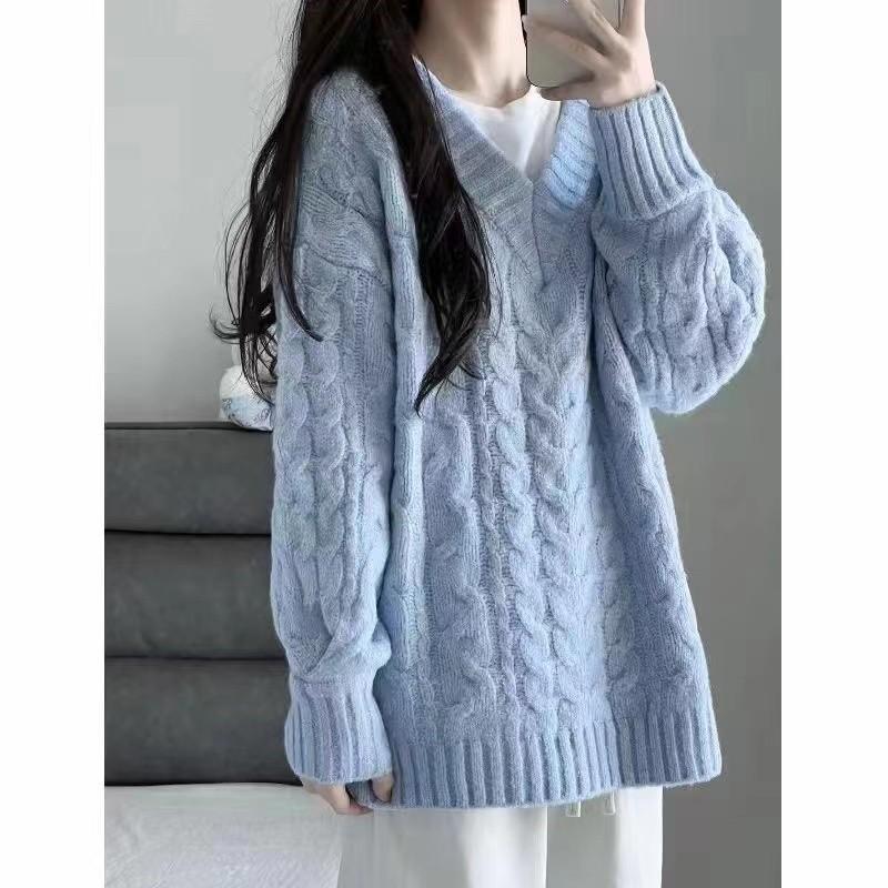 Autumn and winter new loose pullover knitted sweater thickened medium and long sweater women's lazy wind v-neck twist top