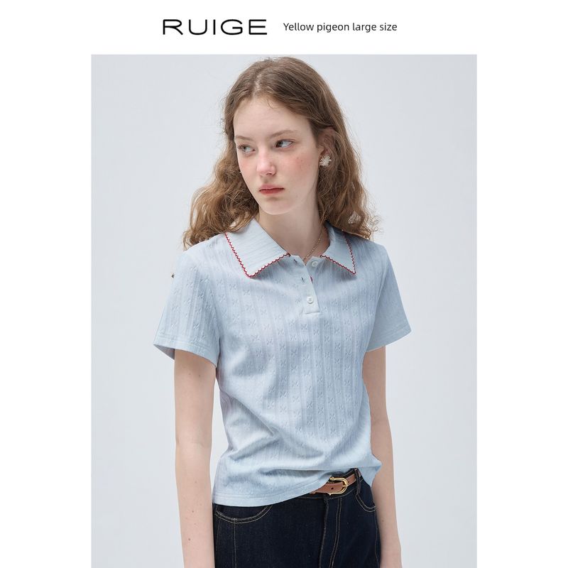 Ruige Plus Size Women s Regular Shoulder T-Shirt Polo Collar Knitted Short Sleeve New Summer Slim Fit Slightly Plus Size White Top Lake Blue XL