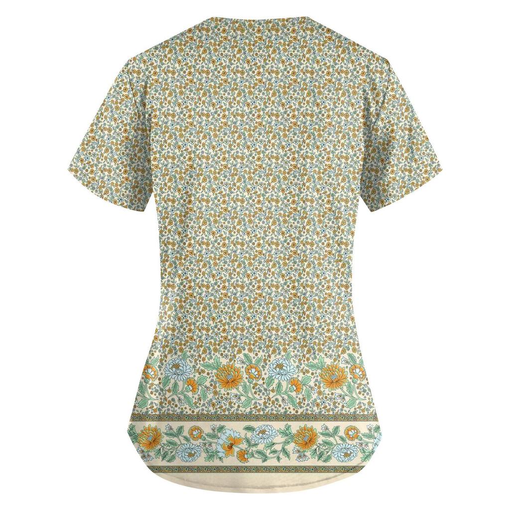 Women's Cute Printed Work Clothes V-neck Double Layer Pockets Basic Short Sleeve Top Pullover Valentines