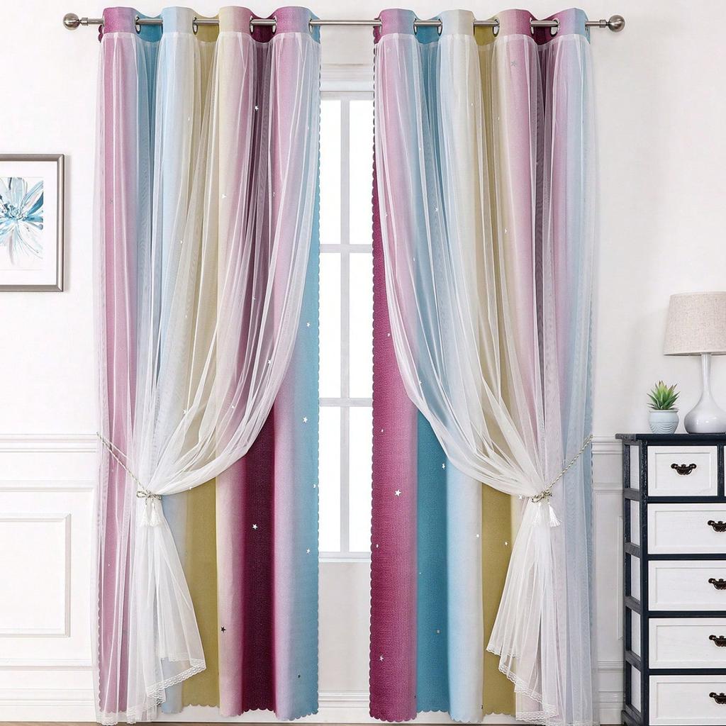 1 buc Perdele Dublu Strat Curcubeu Fade cu Culoare Morandi, Perdea Blocare Lumină cu Material și Voal