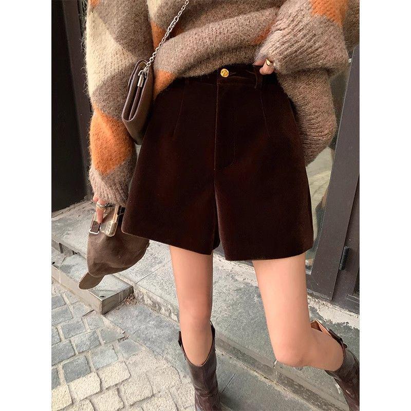 

Gold Velvet Coffee A-line Wool Shorts: Women s High-waisted Bootcut for Spring & Autumn 2026, Petite Loose Fit L (Recommended 105-120 kg) коричневый