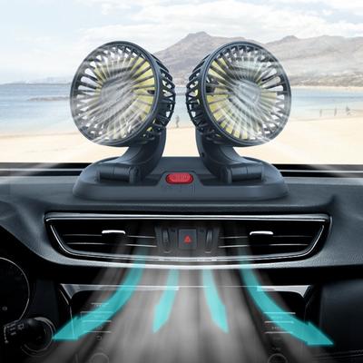 USB Car Fan with Double Head 2 Speed Strong Wind Car Cooling Fan Car Interior Air Circulation Fan 360 Degree Rotates
