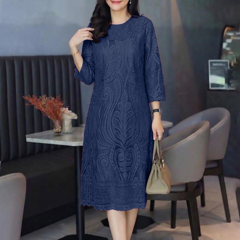 ZANZEA Women Casual Round Neck 3/4 Sleeve Patchwork Lace Sheath Dress