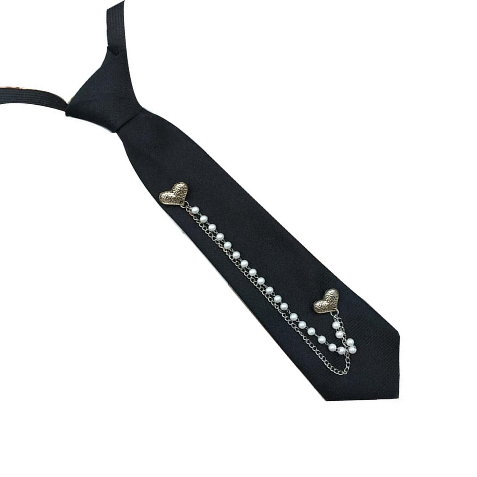 

Heart Pearls Beads Chain Tie Stylish School Uniform Tie Adjustable Pre Tied Black Necktie for Casual or Formal Outfit